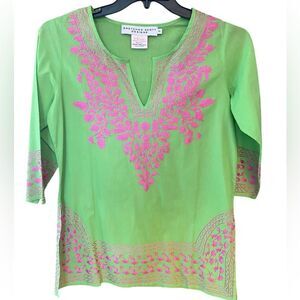 Gretchen Scott Designs Sz S Lime Green Fuschia Pink Heavy Embroidered Tunic